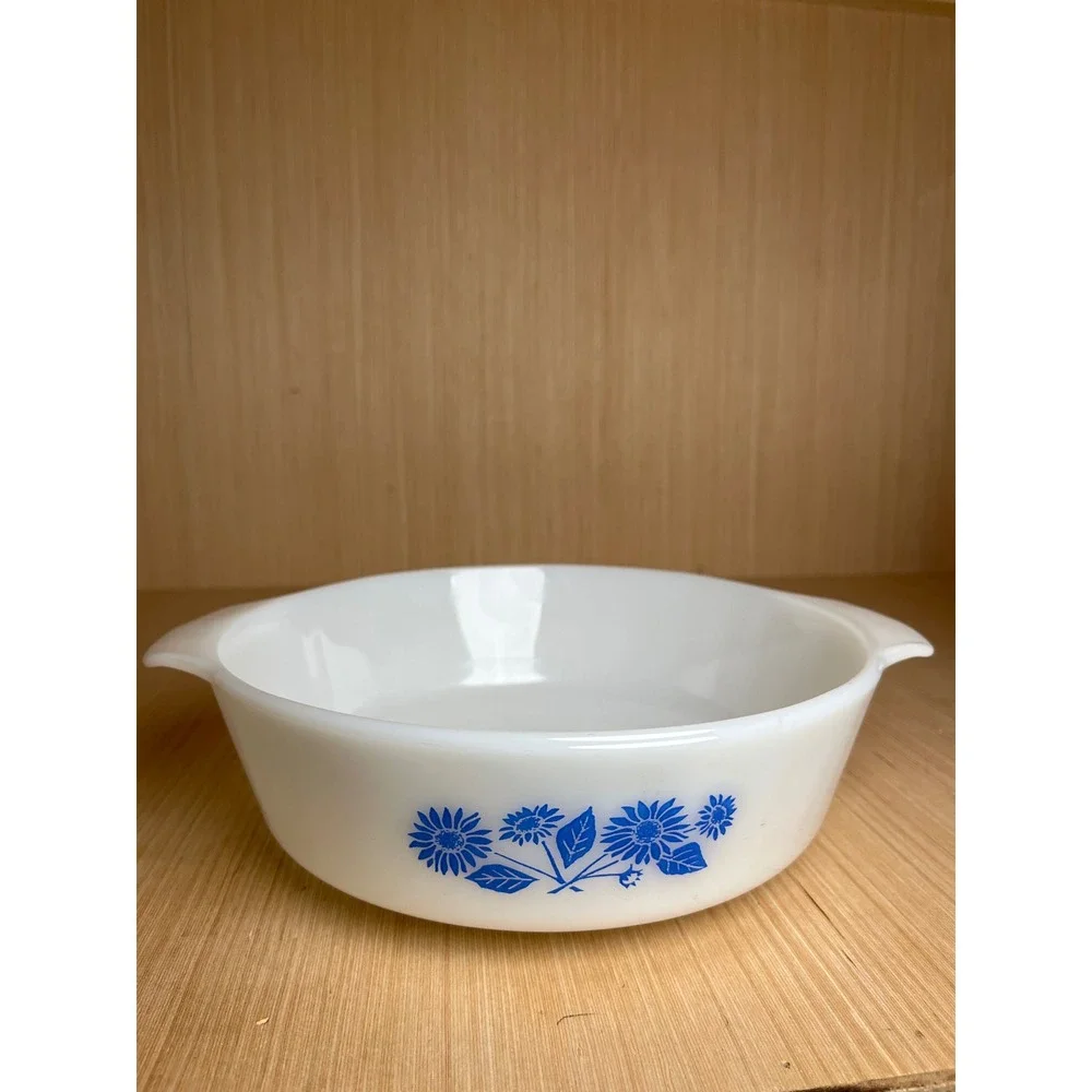 Vintage Anchor Hocking Fire-King Blue Floral Milk Glass Dish 438 Oven Proof MCM